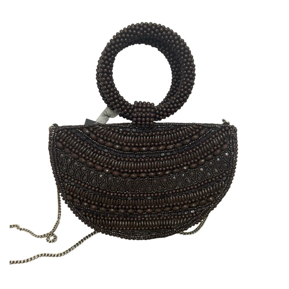 Handmade India Viral Beaded Half Moon Bag Chocolate Brown Crossbody NWT Sparkle